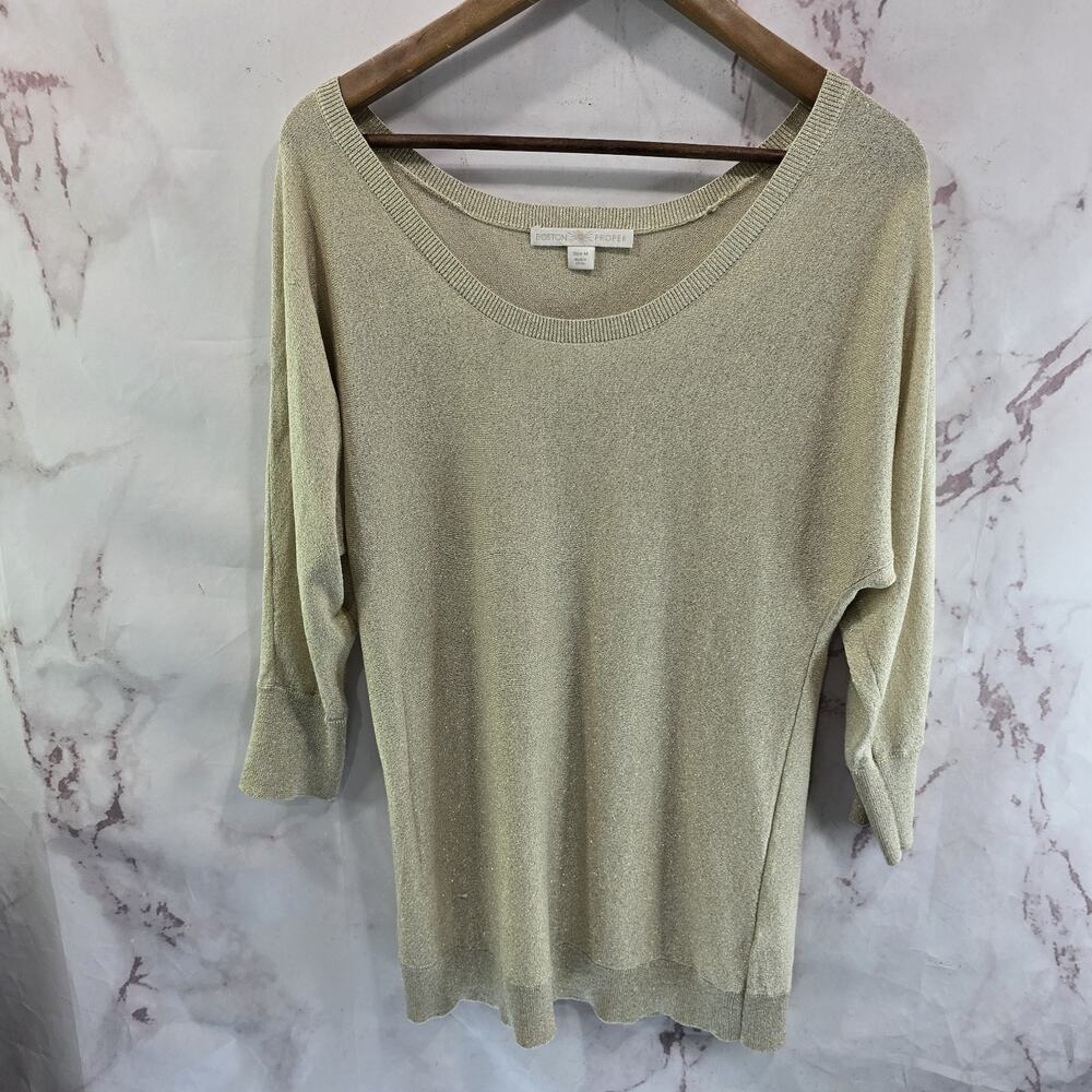 Boston Proper Sweater Womens Medium Gold Slouchy Off Shoulder Sparkle Metallic